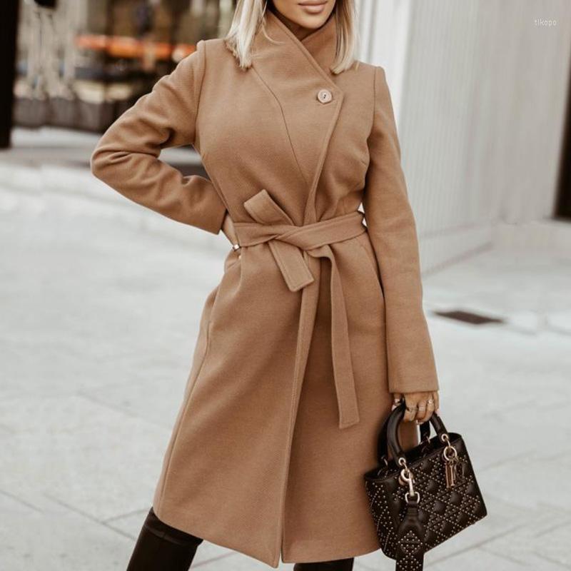 

Women' Trench Coats Fashion Lapel Lace-up Tweed Long Cardigan Elegant Single Button Sleeve Women Outwear Autumn Winter Solid Jackets, Khaki