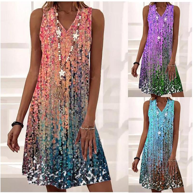 

Casual Dresses Women Summer Sleeveless Loose Gradient V Neck Dress, Blue