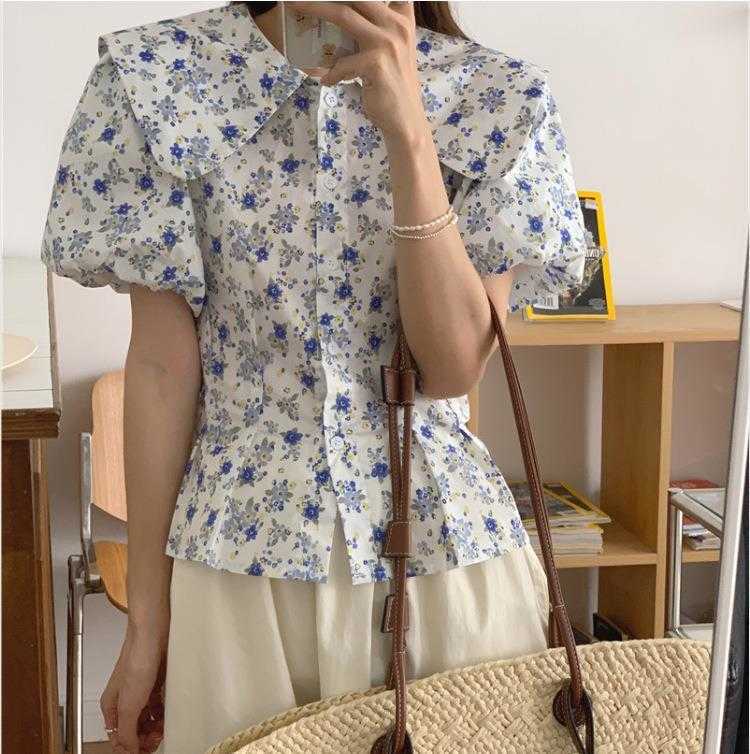 

Womens Korean Style Floral Lapel Puff Sleeve Shirt Summer Single Breasted Waist, Picture color