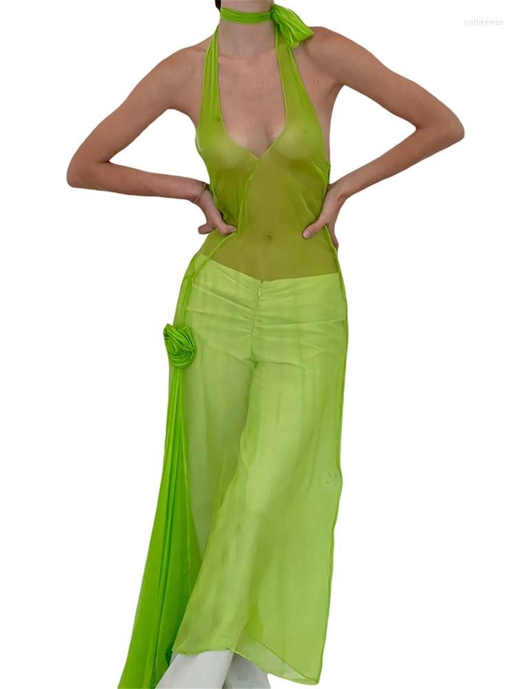 

Casual Dresses CHRONSTYLE Women Sexy Mesh See Through Long Dress Summer Sleeveless 3D Flower Bikini Cover Up Backless Halter Off Shoulder, Green