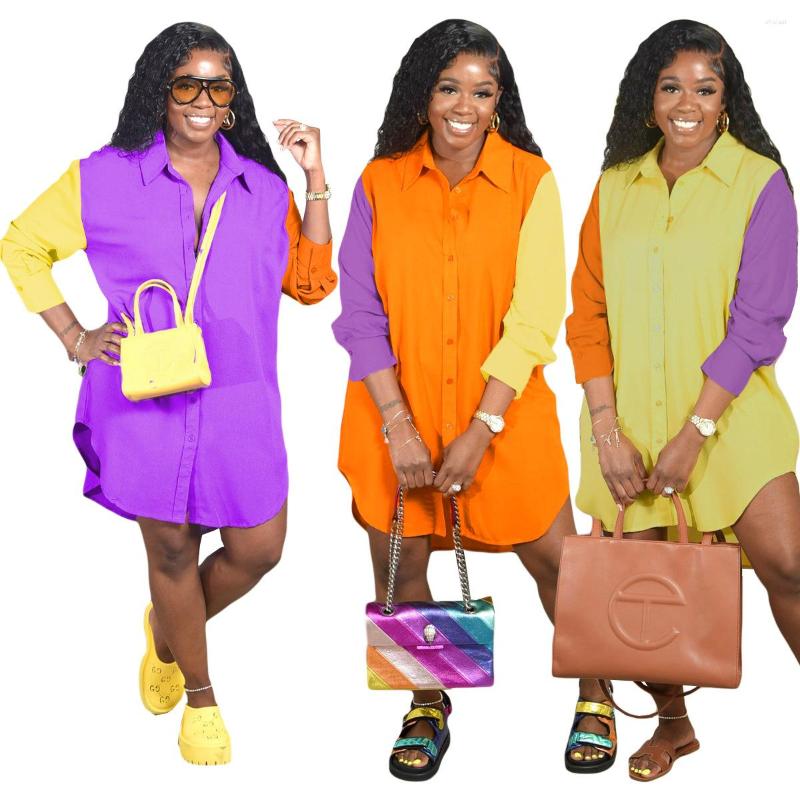 

Casual Dresses 2023 Women' Sexy Spring And Summer Shirt Dress Stitching Contrast Color Lapels Button Irregular, Orange