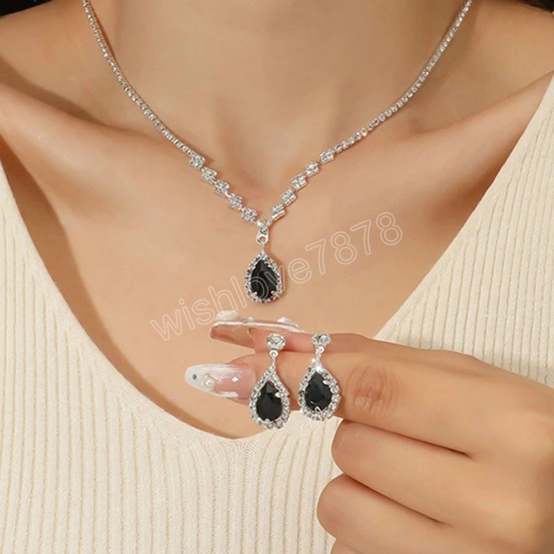 

Fashion Water Droplets Crystal Women's Necklace Earrings Jewelry Sets Anniversary Bridal Wedding Engagement Birthday Gifts, Silver