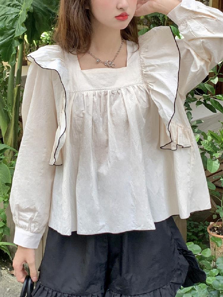 

Women's Blouses KIMOKOKM Korea Chic Spring Sweety Girl Summer Women's Shirt Square Collar Ruffled Loose Full Sleeve Vintage White