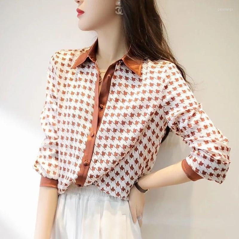 

Women' Blouses Women' Long-sleeved Shirts All-match Spring Fashion Plaid Light Luxury Elegant Lapel Print Shirt Loose Tops Workplace, Champagne