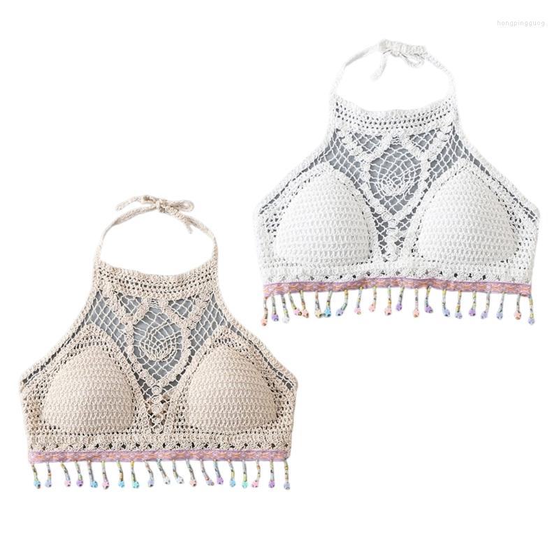 

Women's Tanks 652F Hollow-Out Strappy Crop Top Women Crochet Star Beads Tassel Halter Bras Camisole, White