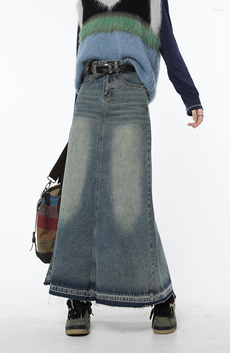 

Skirts Women Blue Denim Half Body Skirt Gradient High Waist Tassels Casual Korean Mid Length Bottoms Baggy Vintage Female Long