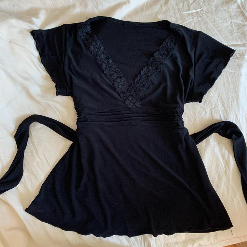 

Women' T Shirts Hirigin Women Tie Up Waist Shirt Korean Clothes Fairy Grunge Lace Trim V Neck Milkmaid Tops Y2K Retro Short Sleeve Tees 90s, Black