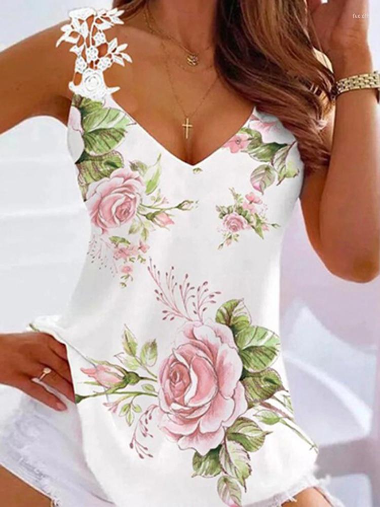 

Women's Blouses Sexy V Neck Lace Sling Blouse Women Elegant Floral Printed Loose Pullover Tops Summer Casual Sleeveless Backless Harajuku, 09 heart rose red