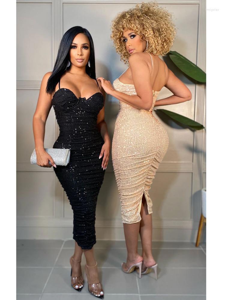 

Casual Dresses Autumn Sequined Backless Sexy Off Shoulder Midi Dress Women Party Club Ruched Spaghetti Strap Vestidos, X5387 blue