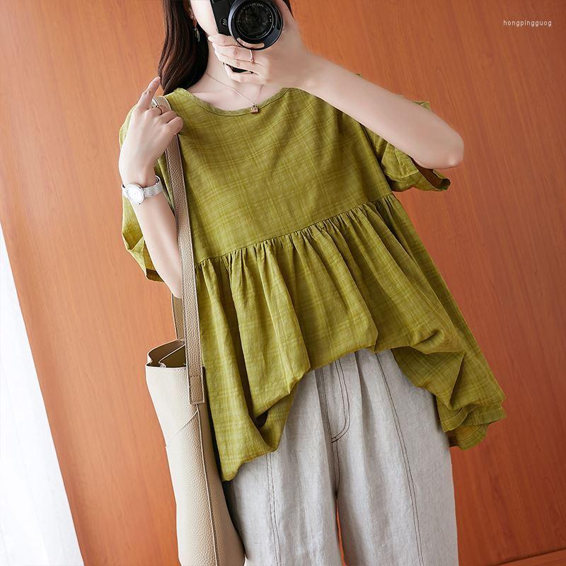 

Women's T Shirts Korean Version Plaid Printed Summer Women's Clothing Oversized Loose Round Neck Simplicity Commute Folds Short Sleeves, Green