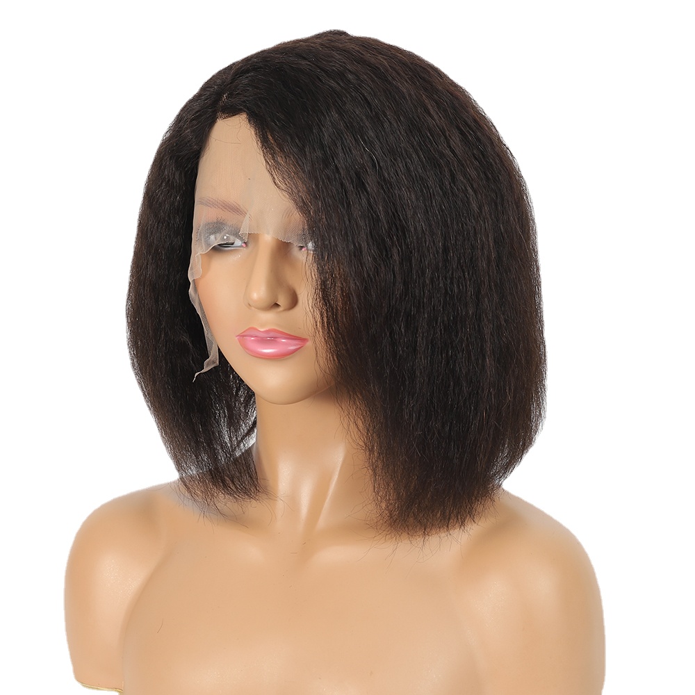 

Kinky Straight Short Bob Human Hair Wigs for Women 13x4 Transparent Lace Frontal Brazilian Remy Hair Soft Yaki Bob Wig No Tangle, Black