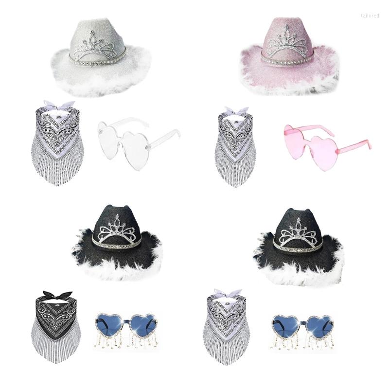 

Berets Cowgirl Hat Cowboy Glasses Bandanaa Bridal Party Heart Bachelorette Feathers, Black