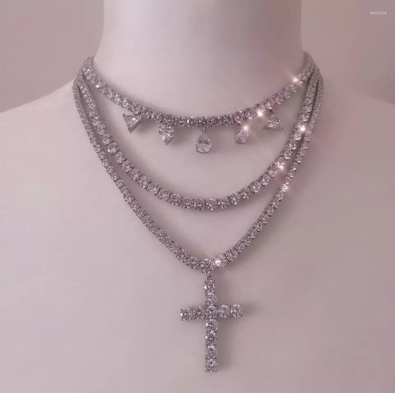 

Choker Iced Out Bling Three Layer Tennis Chain Geometric CZ Cross Charm Luxury Women Necklace