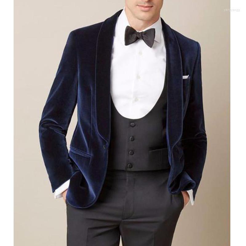 

Men's Suits Navy Blue Velvet Prom Men 3 Piece Dinner Blazer With Black Pants Vest Shawl Lapel Wedding Groom Tuxedo Male Fashion