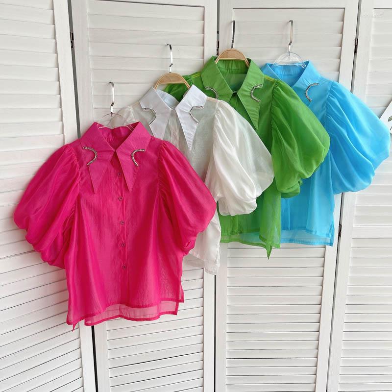 

Women's Blouses Ins Tops Women's Fashion Diamond Lapel Slim Fitting Short Puff Sleeve Loose Shirt Solid Color Elegant Blouse Mujer K268, Green