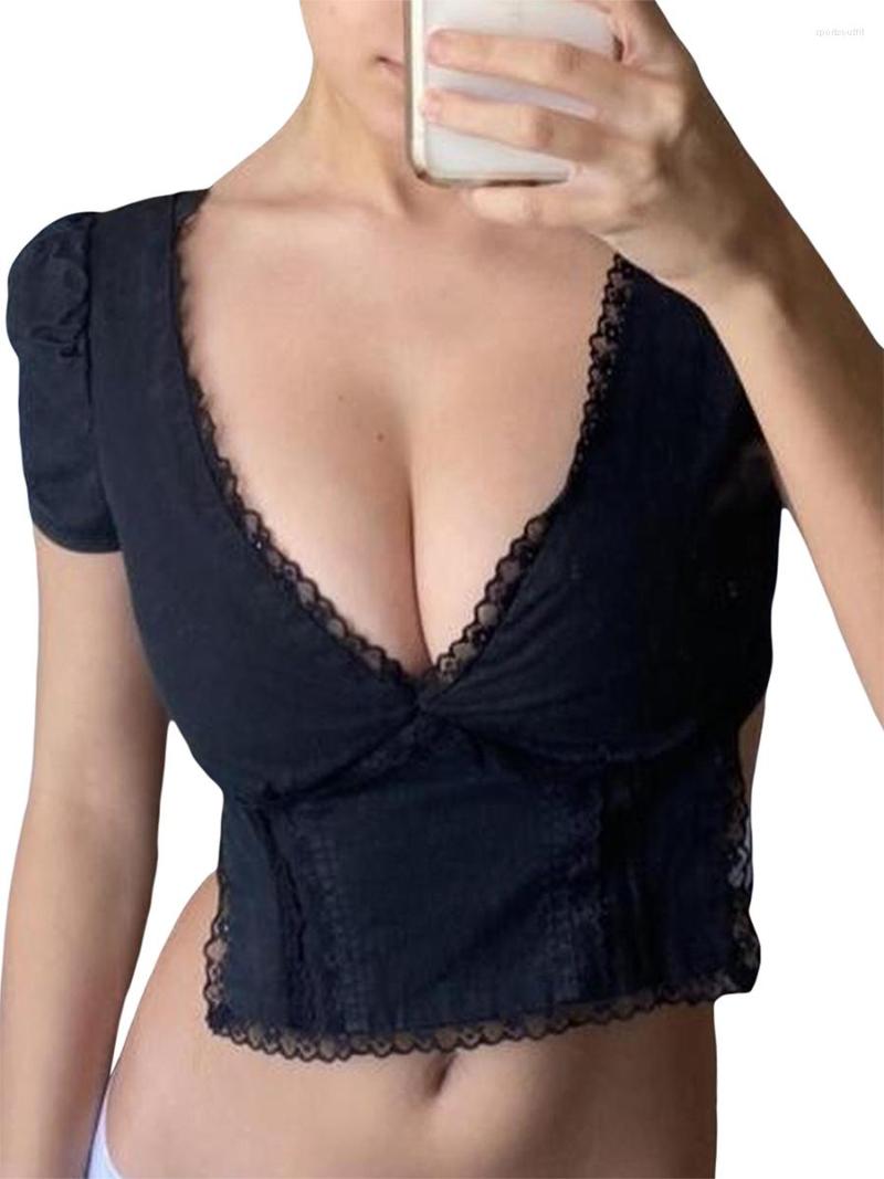 

Women' Blouses Women  Sexy Lace Deep V Neck Crop Top Short Sleeve Backless Criss Cross Patchwork Tee Shirt Y2K Going Out, Black