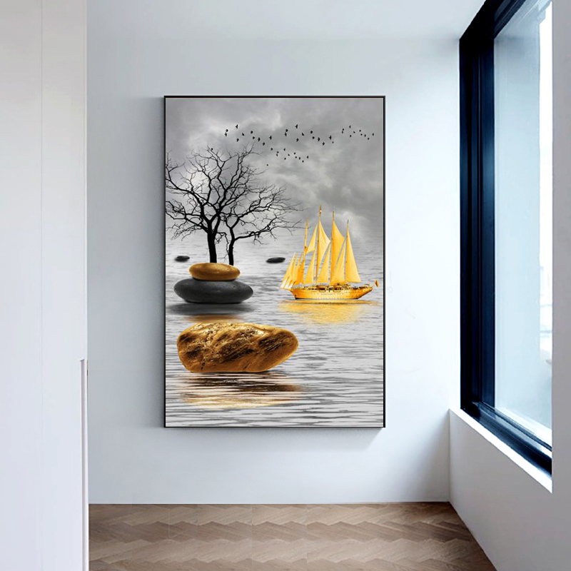 

Modern Light Luxury Golden Sailboat Landscape Posters and Prints Canvas Painting Wall Picture for Gallery Wall Art Home Decor