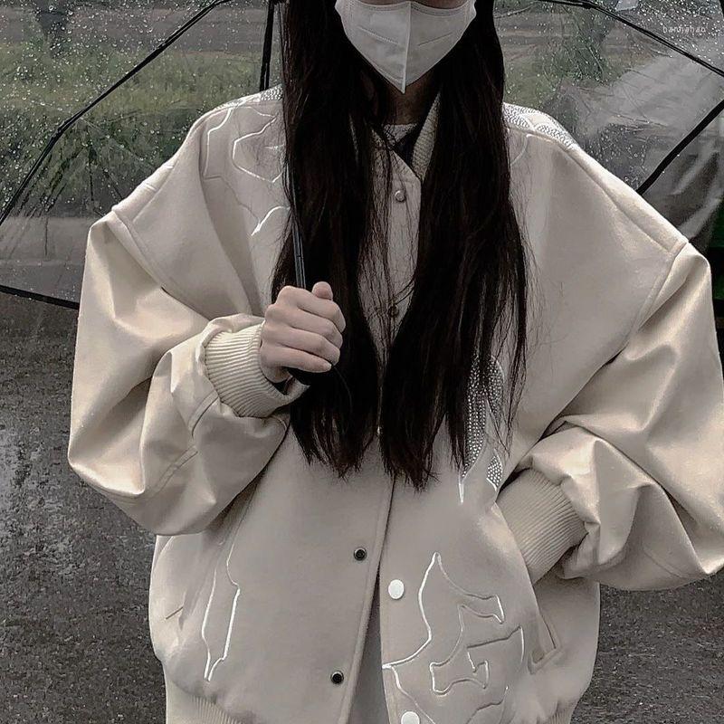 

Women's Jackets Y2k Leather Coat Women's Bomber Jacket Autumn 2023 Preppy Style Loose Casual All-match Vintage Baseball Harajuku, White