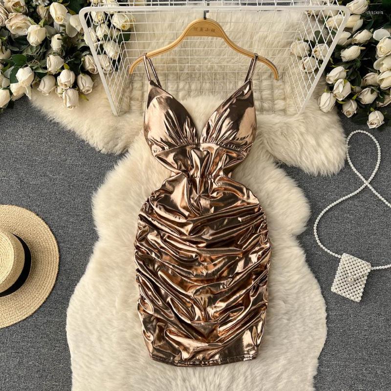 

Casual Dresses Summer Sexy Backless Hanging Neck Strap Dress With And Waist Fold Mid Length Satin Bread Hip, Gray