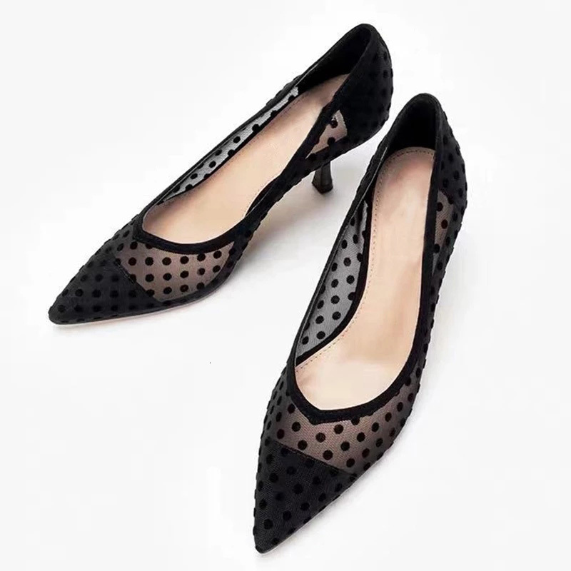 

Dress Shoes Comemore Spring Summer Thin Heels Pump Pointed Toe High Heel Work Dot Mesh Vintage Elegant Shallow Stiletto 43 230414, Black dots 7cm