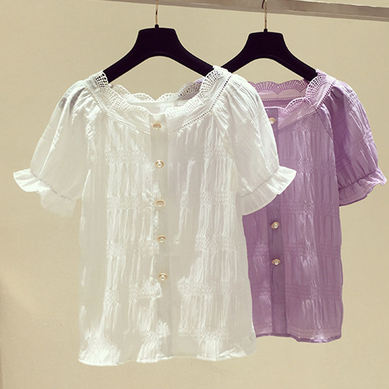 

Women's Blouses Shirts Chic Chiffon Blouse Women Summer Purple Tops Vintage Puff Sleeve French Style Causal White Shirt Women Blusas 230414, Lavender