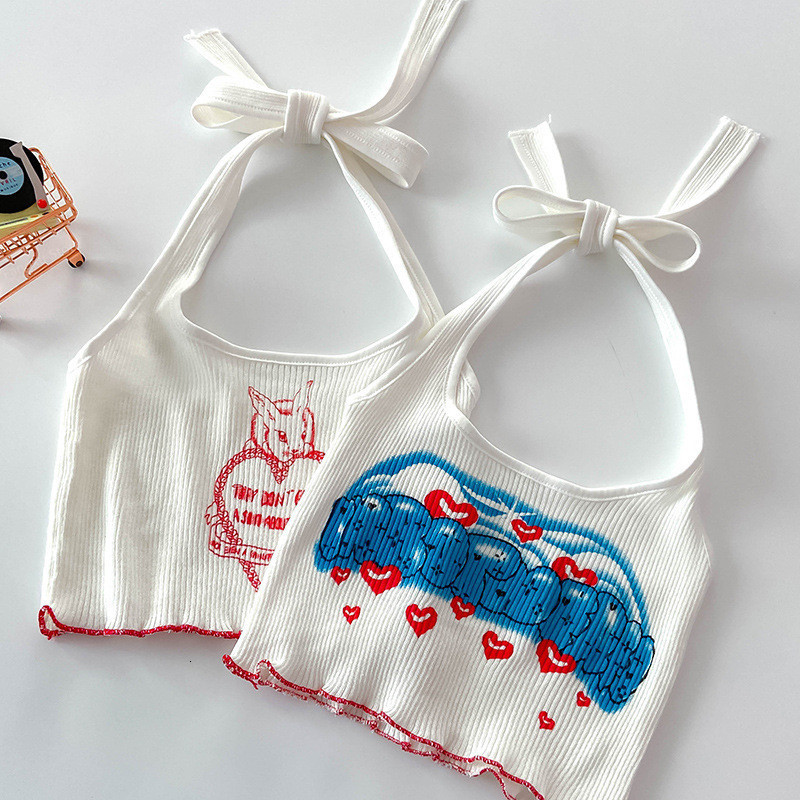 

Camisoles Tank Cute Printed Halter Tops Sweet Heart Beach Bandage Drawstring V neck Korean Camis Ladies Slim Ribbed Tank 230413, Black