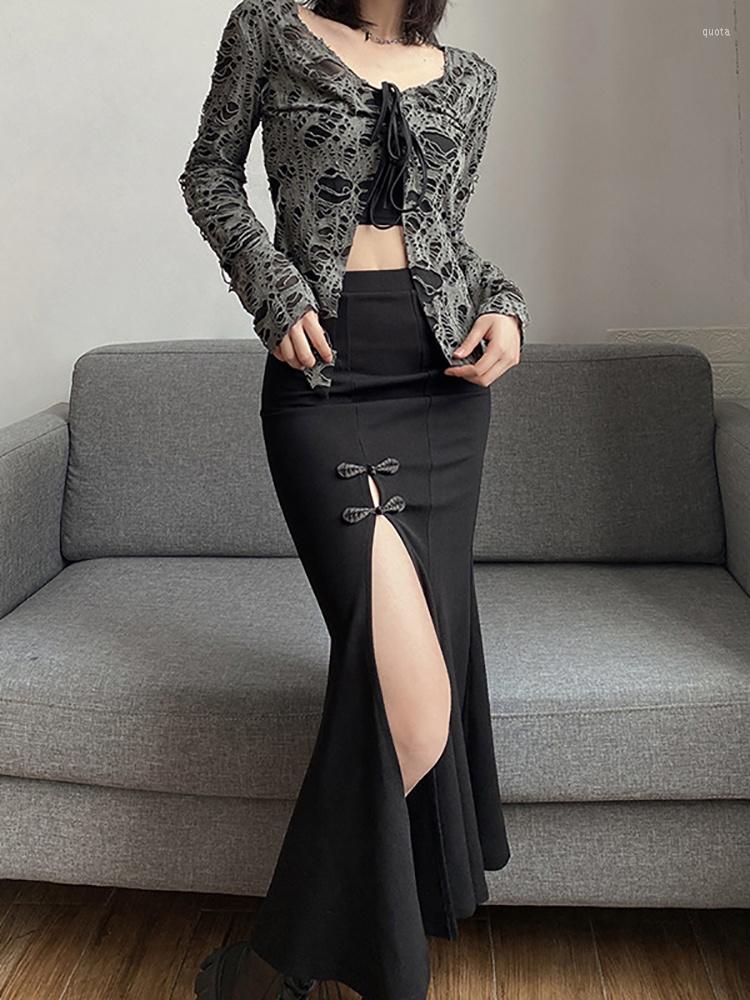 

Skirts 2023 Dark Elegant Mall Gothic Trumpet Women Midi High Waist Split Sexy Club Long Skirt Slim Party Streetwear, Black