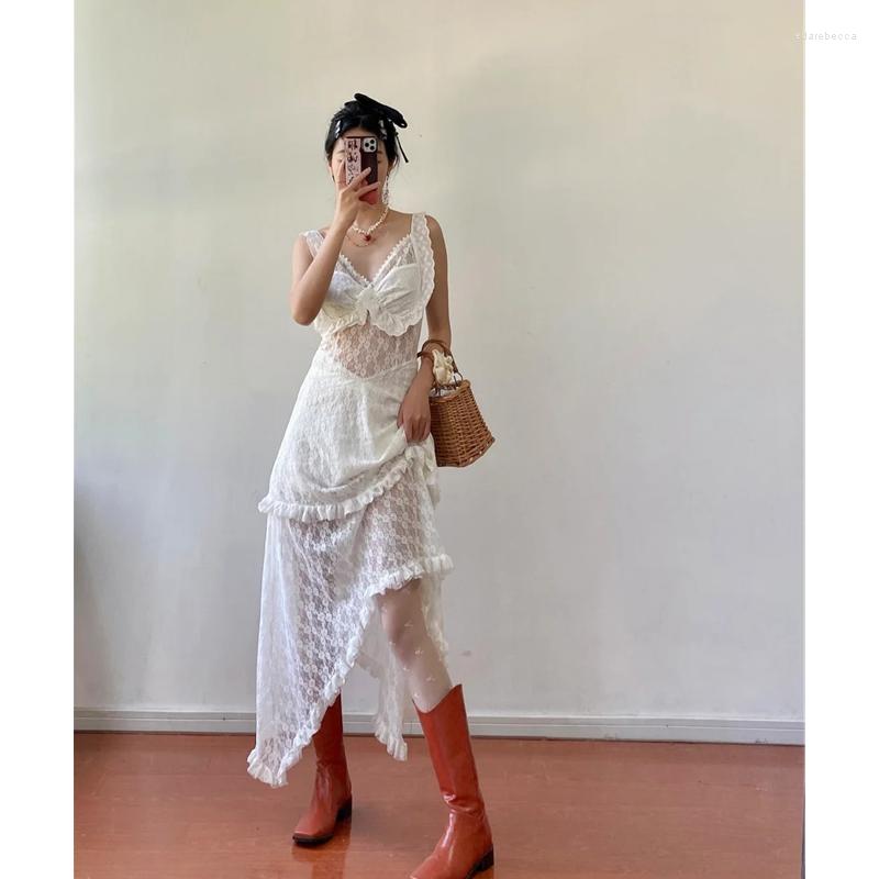 

Casual Dresses Women's Sexy Lace Spaghetti Strap Dress Europe And America Simple Hollow Out Design Sense Female Summer White Irregular