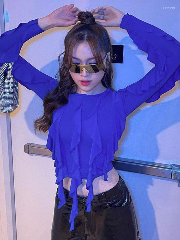 

Women' T Shirts Ruffle Fringed Long Sleeve Shirt Women Fashion O-neck Slim Cropped Tops 2023 Spring Female Street Solid Bottom, Blue