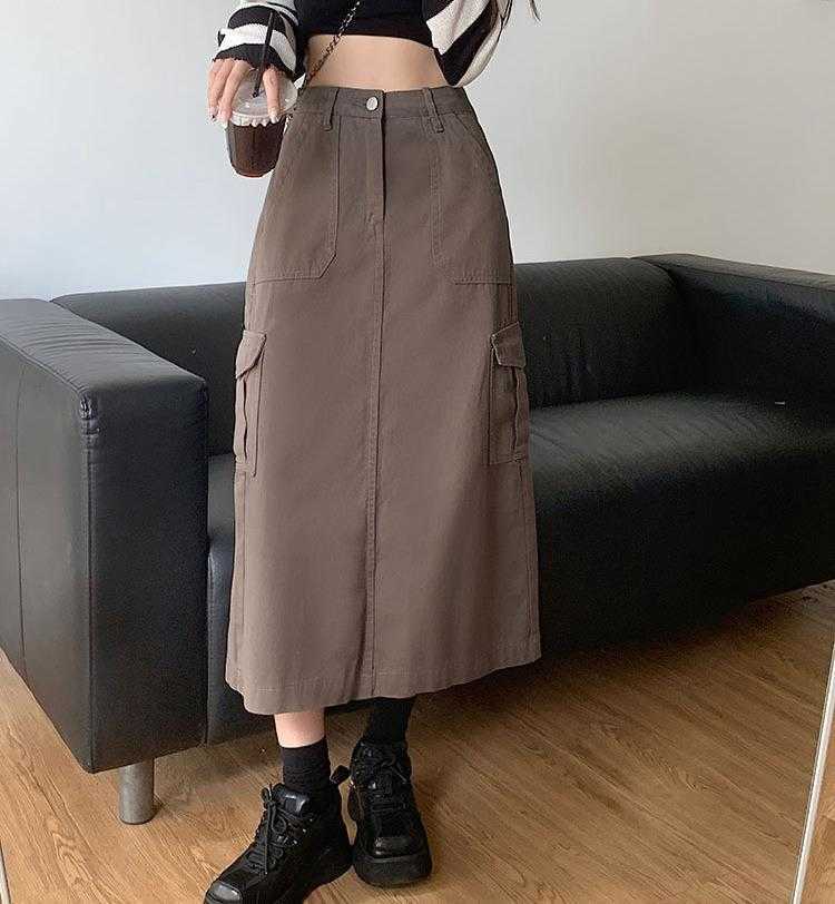 

Distressed Workwear With Pocket Skirt Autumn Solid Color High Waist Slimming, Gray-green