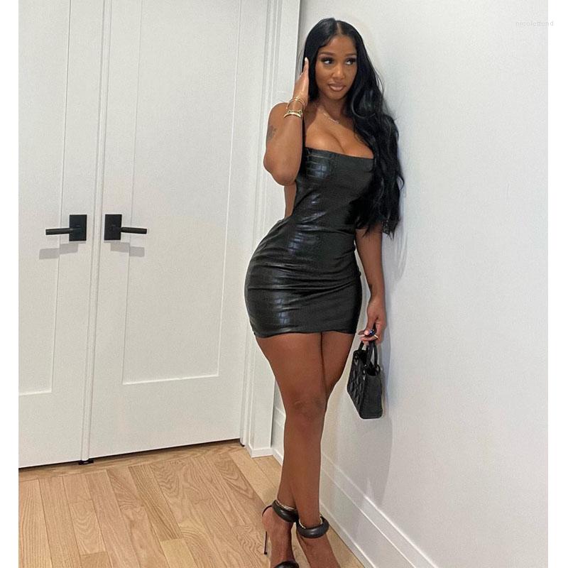 

Casual Dresses Wishyear Strap Backless Summer Bandage Bodycon Dress Women Sexy Slim Night Short Party Mini Club Black PU Faux Leather