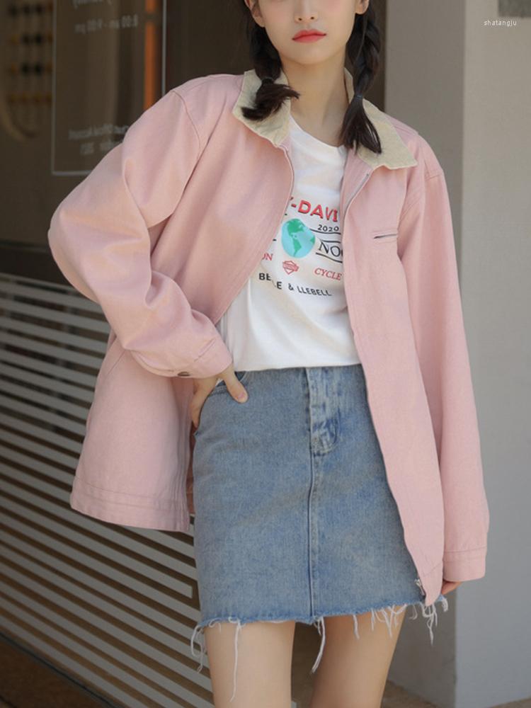 

Women' Jackets Ailegogo Spring Women Streetwear Loose Zipper Denim Jacket Turndown Collar Solid Color Casual Jeans Coat Outwear Tops, Beige