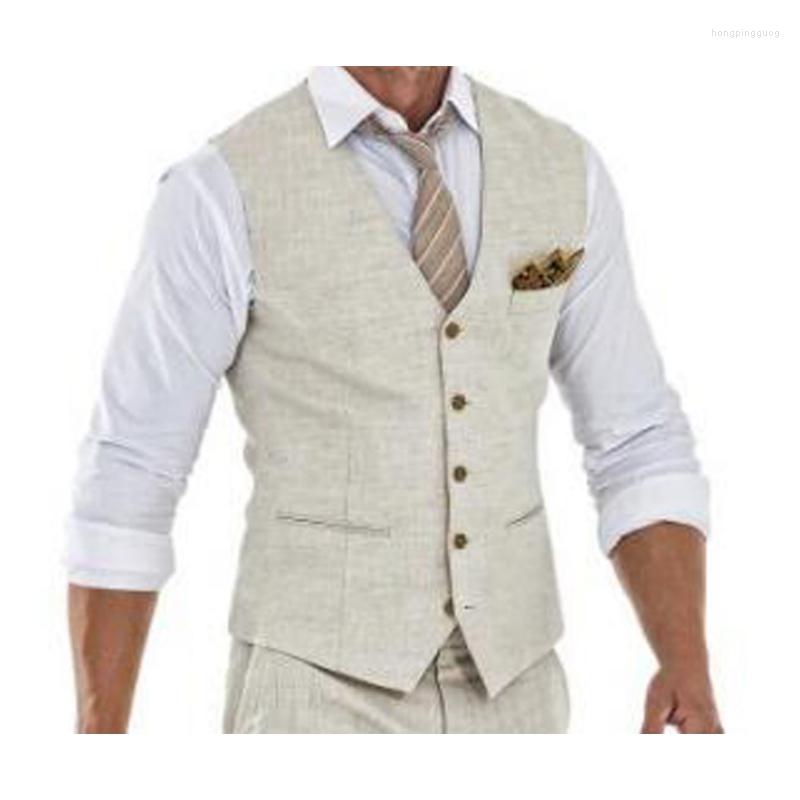 

Men's Vests Beige Linen Casual Waistcoat For Men Summer V Neck Single Suit Male Fashion Coat Arrival Wedding Party Prom Vest, Dark grey