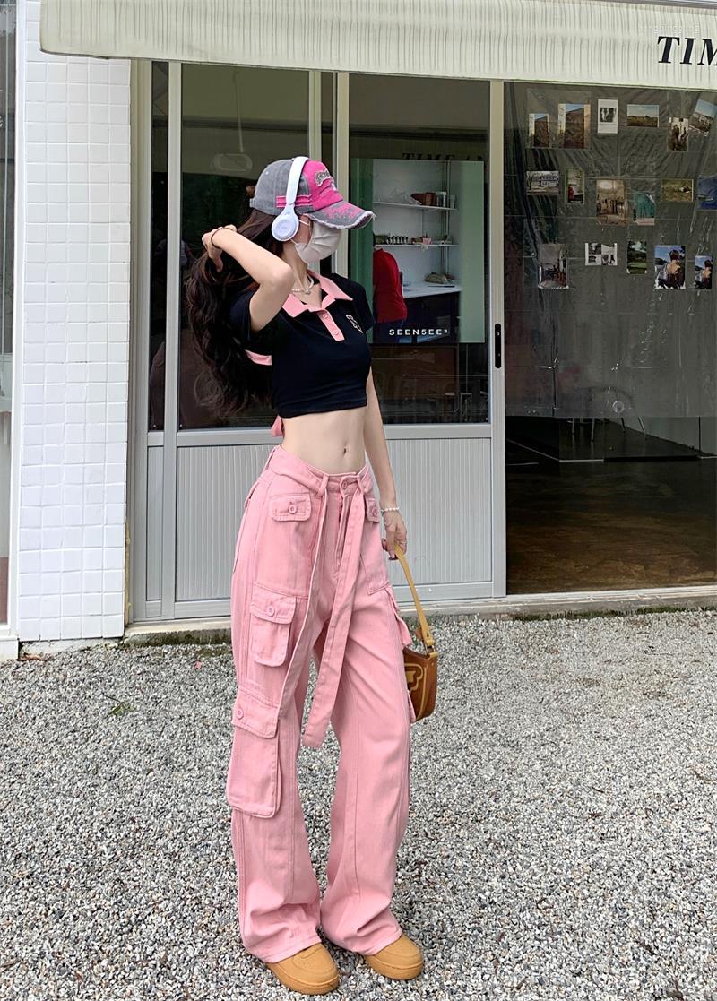 

Women' Pants Vintage Multi-pocket Distressed High-waisted Cargo Street Loose Slim Casual Straight-leg Trousers Trendy Punk Womenswear, Black