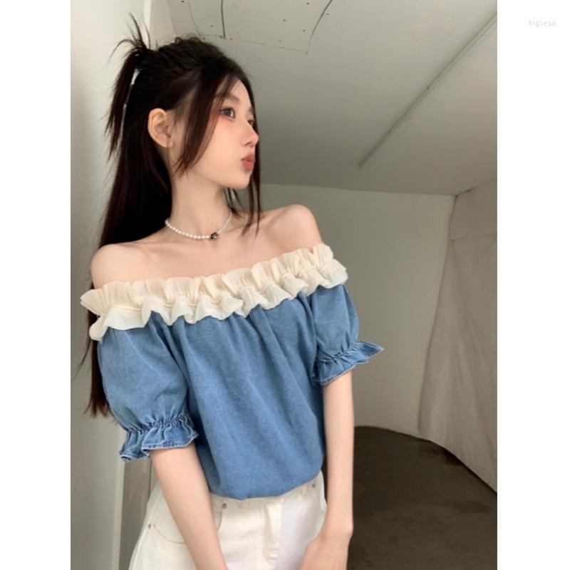 

Women's Blouses Korejepo Sexy Denim Shirt Bubble Sleeves French Gentle Ruffle Edge Off Shoulder Women's Top Summer Loose Style Shirts