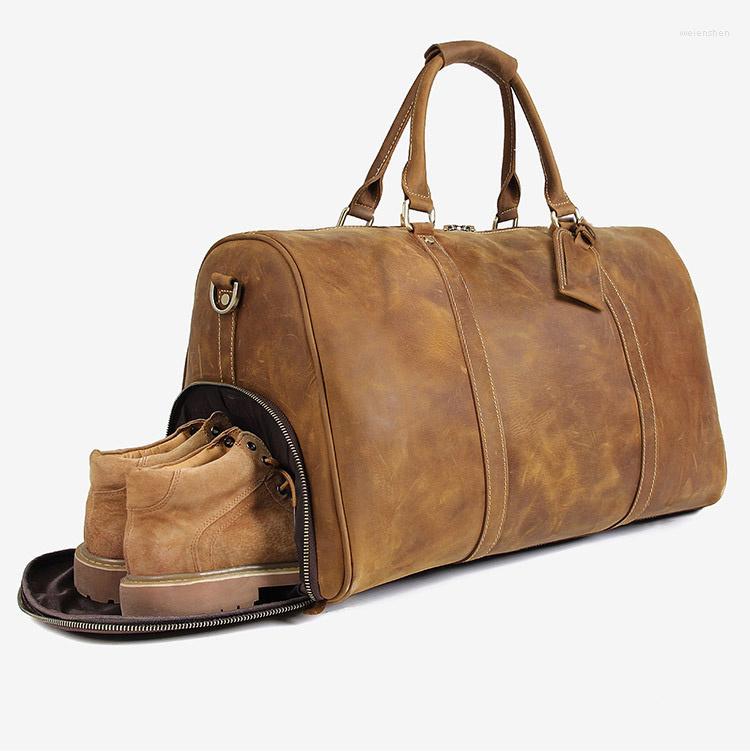 

Duffel Bags Crazy Horse Genuine Leather Men Travel Bag Vintage Big Cow Carry On Luggage Weekend Large Shoulder, Red brown 44.5