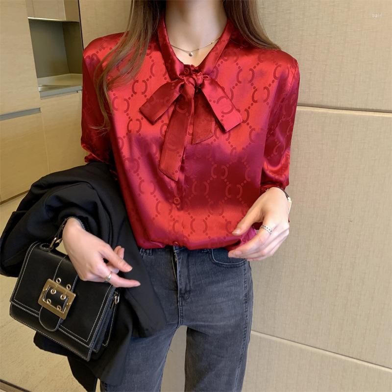 

Women' Blouses Elegant Spring Women Print Loose Long Sleeve Chic Streetwear Lady Bow Stain Slim Tops, Apricot
