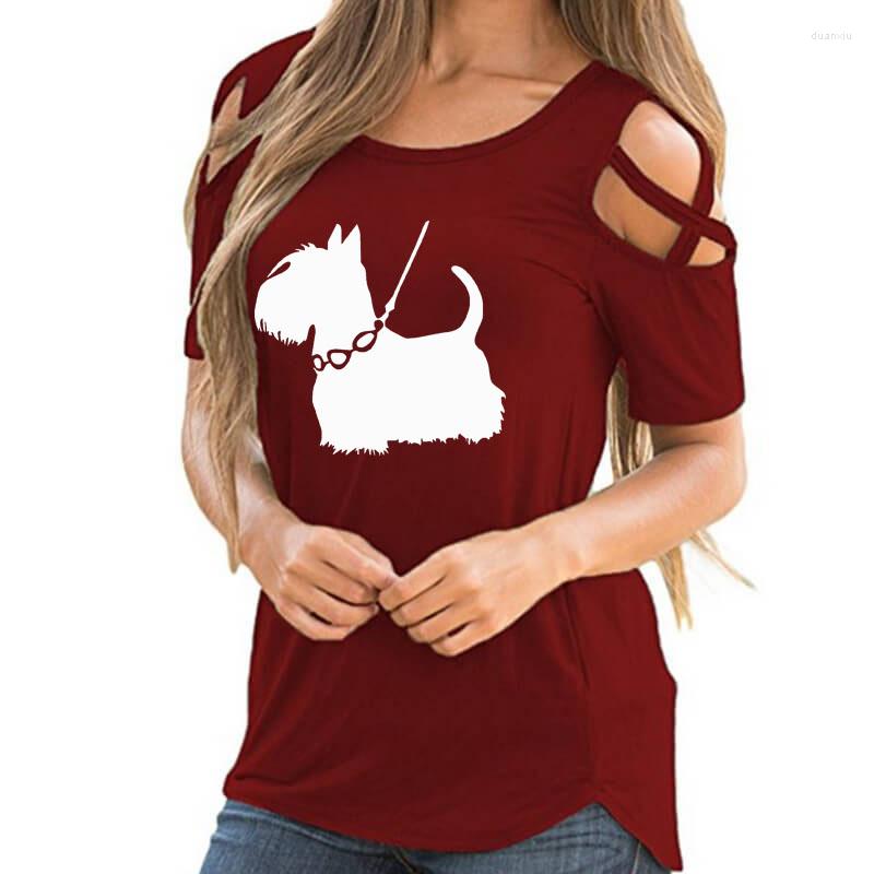 

Women' T Shirts Cute Schnauzer Dog Cartoon Print Women T-Shirt Summer Animal Lover Gift Cross Off Shoulder Casual Tshirt Femme Tops For, Winered