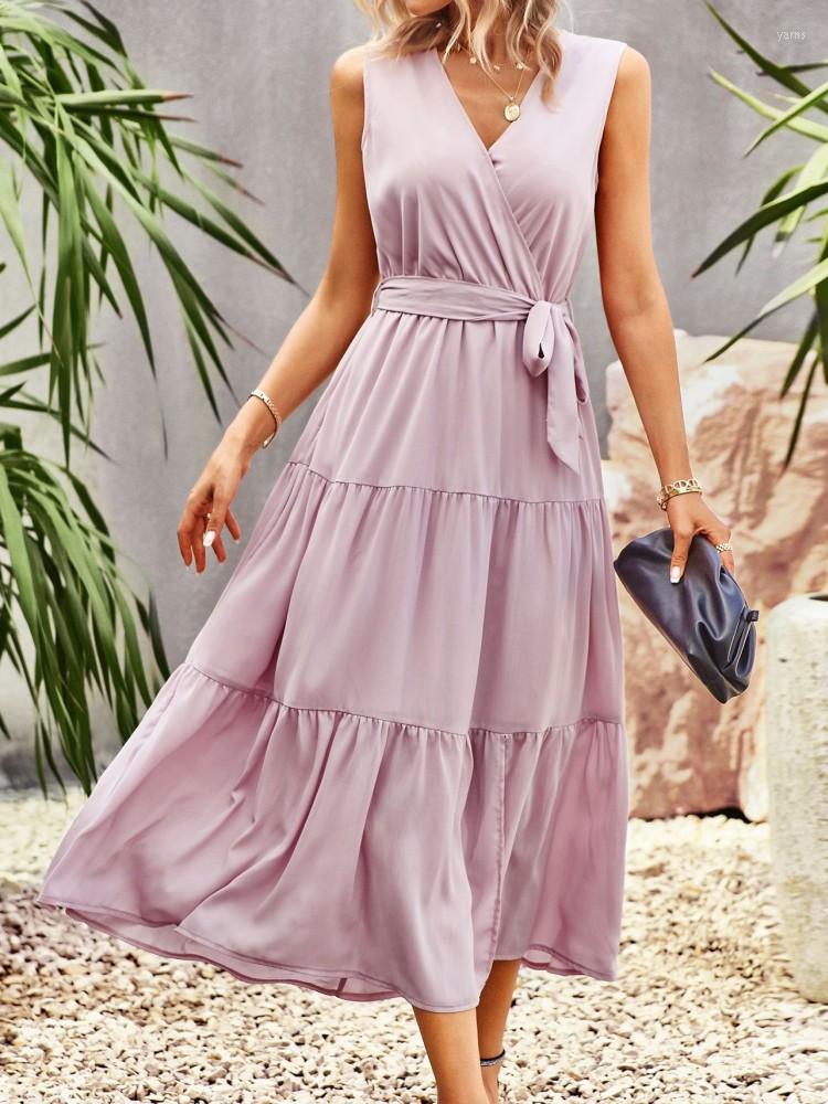 

Casual Dresses Office Lady Elegant Sleeveless Ruffles Midi Dress For Women Summer Fashion V-neck Split Sashes Female Party 2023, Pink