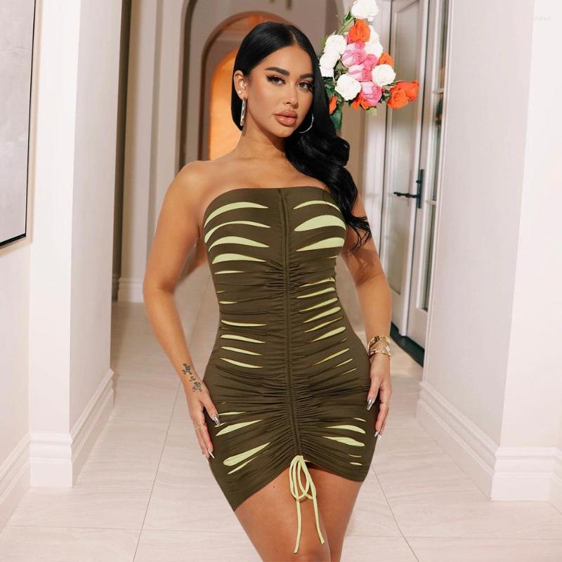 

Casual Dresses 2023 Summer Off-Neck Burnt-out Drawstring Contrast Color Sexy Slim-Fit Fashion Dress, Brown