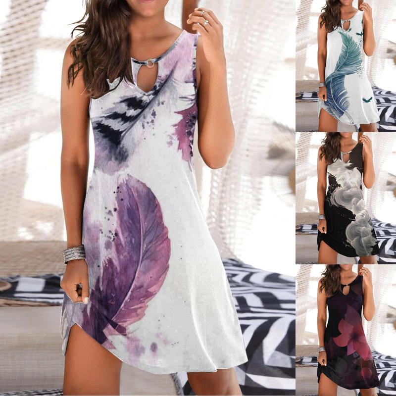 

Casual Dresses Dress Women Summer Fashion Round Neck Hollow Ring Vintage Feather Flower Print Sleeveless Long, Black