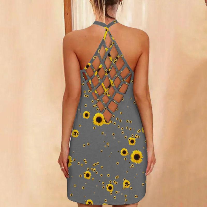 

Casual Dresses Tank Womens Vest Sleeveless Blouse Sexy Dress O-Neck Print Sunflower Fashion Women, Black