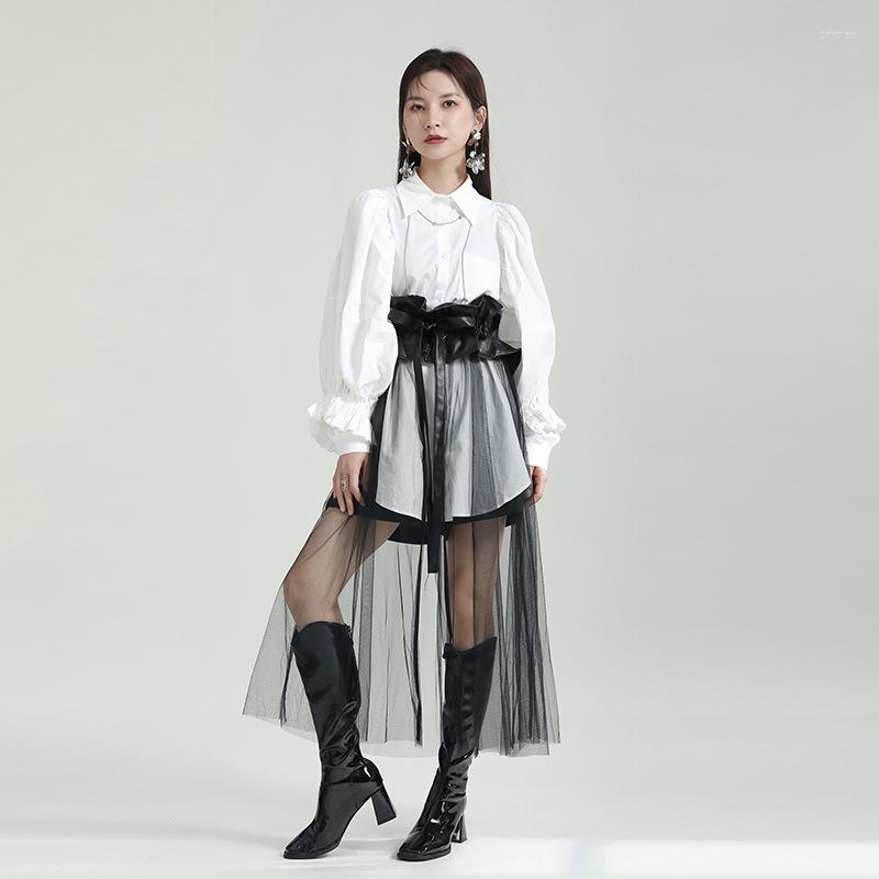 

Skirts Leorlax Original Design 2023 PU Stitching Mesh Waistband A-line Half-body Skirt With Matching Shirt J0086, White only skirt