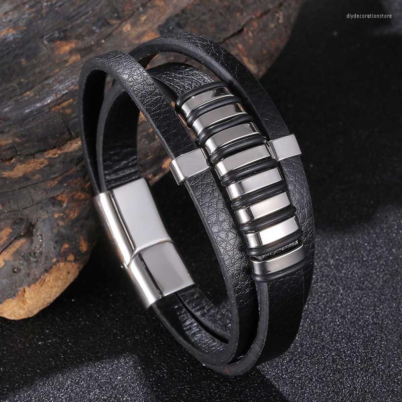 

Charm Bracelets Punk Style Multilayer Braided Leather Bracelet Men Stainless Steel Magnet Clasp Bangle Male Wristband Jewelry Accessories