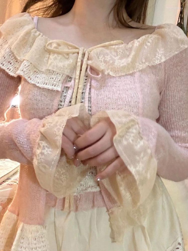 

Women' Blouses Japanese Lace Kawaii Sweet Blouse Women Pink Elegant Lolita Cute Cardigan Female Long Sleeve Korean Style Clothing Summer, Only beige vest