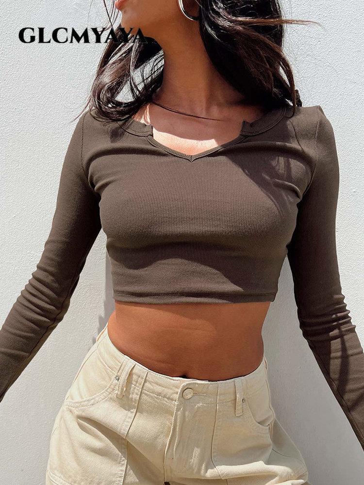 

Women' T Shirts GLCMYAYA Casual Fashion Women Hollow Out U-Neck Medium Strecth Crop Tops 2023 Long Sleeve Pullover Solid Slim Fit T-shirt, Brown