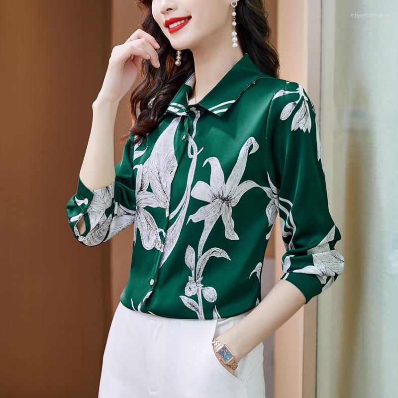 

Women's Blouses Print Long Sleeve Satin Shirt Office Ladies Spring Single-breasted Elegant Vintage Slim Women OL Style Tops, Green