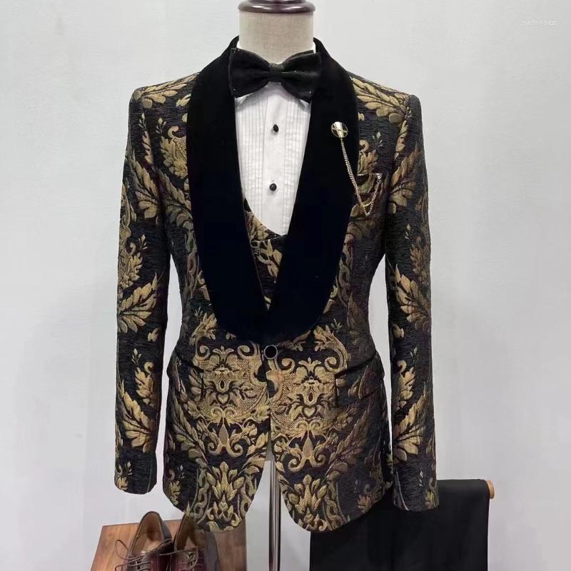 

Men's Suits Jacquard For Men Wedding Floral Prom Blazer 3 Piece Set Custom African Fashion Groom Tuxedo 2023 (Jacket Vest Pants), Peak lapel suit