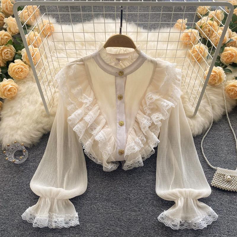 

Women's Blouses SINGREINY Elegant Ruffles Blouse Women Gentle Sweet Lace Casual Loose Shirts Long Sleeve Temperament French Tops 2023 Spring, White