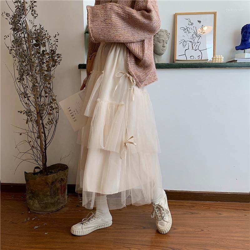

Skirts 2023 Women Spring Dress Vintage Elegant With Button A-Line Solid Puff Sleeve Lace Mesh Vestidos, Beige
